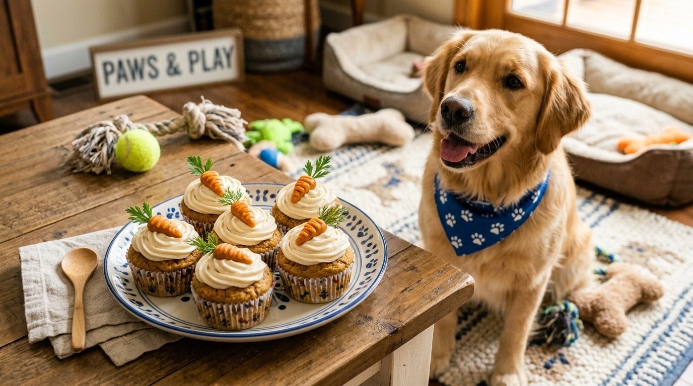 Homemade dog cupcakes with chicken and carrot, topped with frosting, on a playful dog-themed plate.