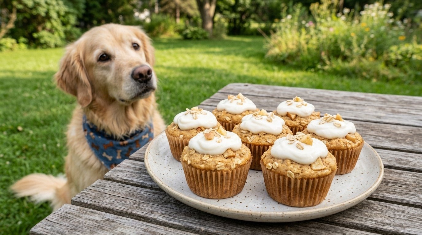 A plate of apple oatmeal dog cupcakes with yogurt frosting, featuring a curious dog in the background.
