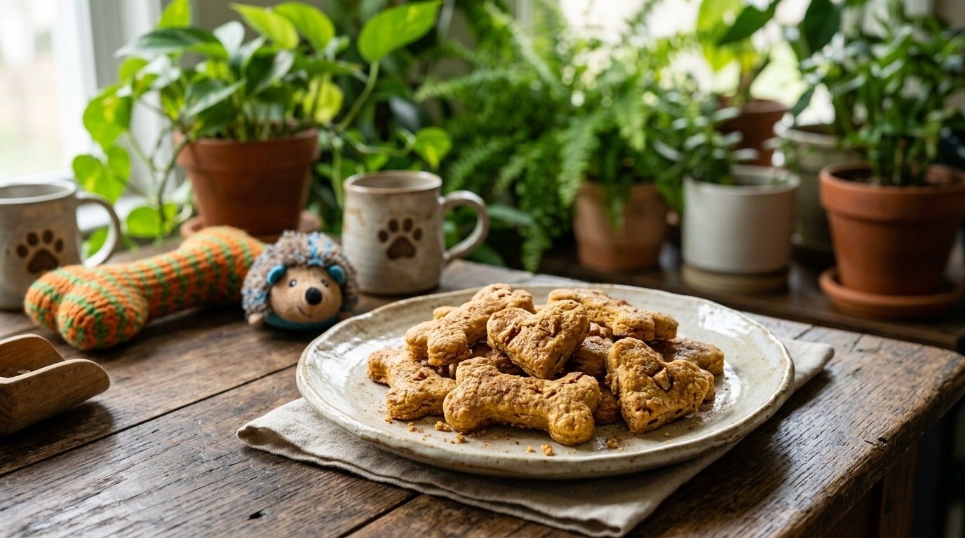 Pumpkin apple dog tarts arranged on a plate, shaped like bones and hearts, on a wooden table.