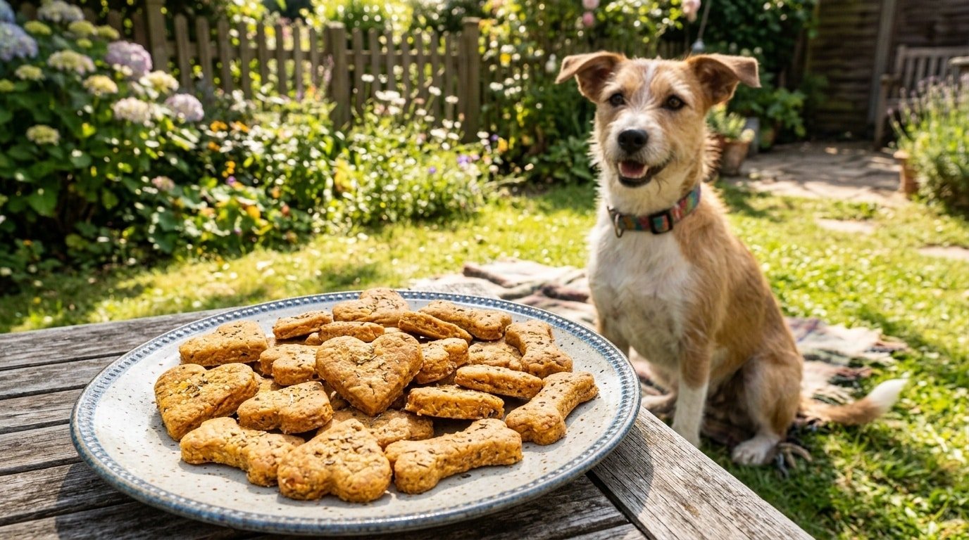 Homemade sweet potato and cheese dog biscuits on a plate with a dog in the background.