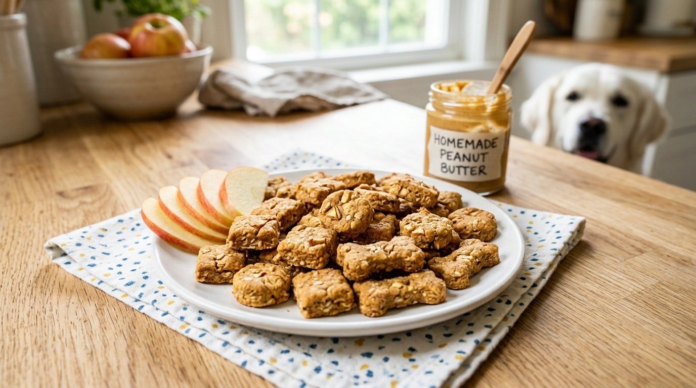 Homemade apple peanut butter dog treats on a plate with apple slices and a jar of peanut butter.