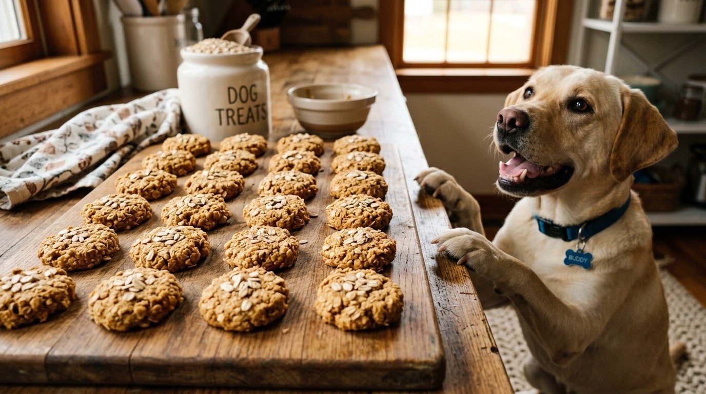 Freshly baked peanut butter oat rounds for dogs on a wooden table next to an eager dog.