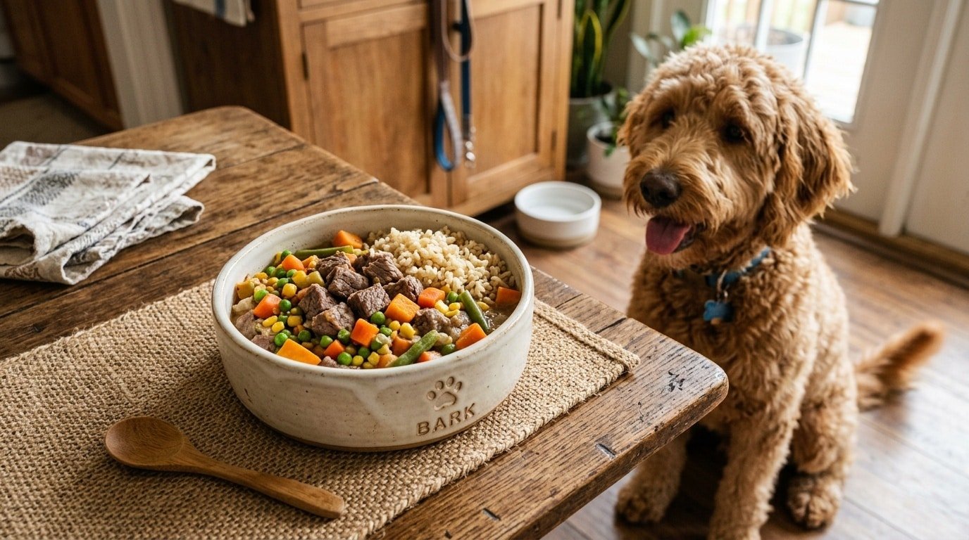 A bowl of beef and rice medley for dogs with visible carrots, peas, and green beans, surrounded by a happy dog.