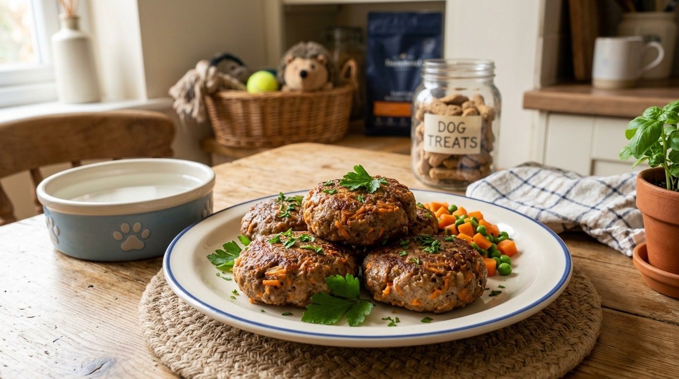 Cute homemade beef and carrot burgers for dogs served on a plate with fresh parsley.