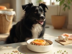 Border collie mix with glossy black coat sits by a white bowl of kibble topped with salmon and egg yolk pâté in a sunlit kitchen.