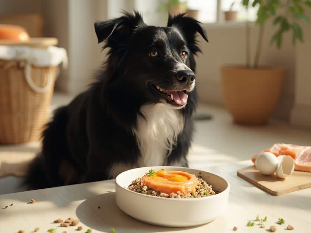Border collie mix with glossy black coat sits by a white bowl of kibble topped with salmon and egg yolk pâté in a sunlit kitchen.