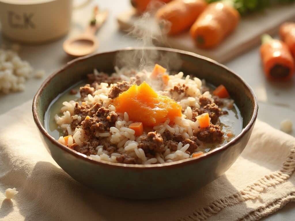 Overhead close-up of a warm lamb and rice cat meal in a rustic bowl with pumpkin puree and diced carrots on a cream linen background, steam rising in soft golden light.