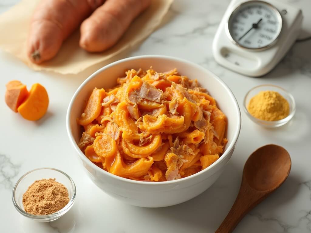 Overhead photo of a homemade cat meal: shredded quail mixed with mashed sweet potato in a white bowl, lightly dusted with supplements, with raw ingredients, fish oil, and a small scale on a clean marble counter.