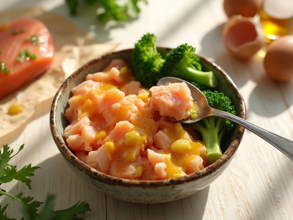 Overhead and angled photo of a rustic bowl of flaked salmon, broccoli, scrambled egg, and fish oil cat meal topper on a light wooden surface, with a spoon and raw ingredients nearby.