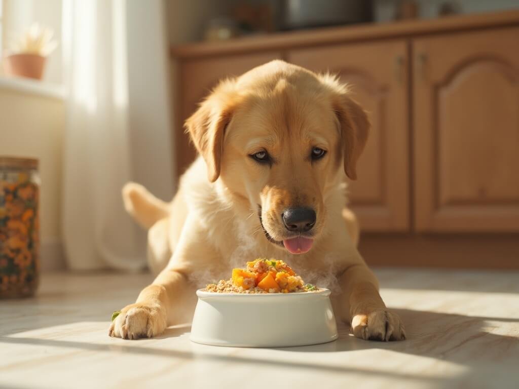 Senior golden Labrador mix on a kitchen floor leaning toward a white bowl of homemade turkey, oats, yams, and zucchini in warm window light