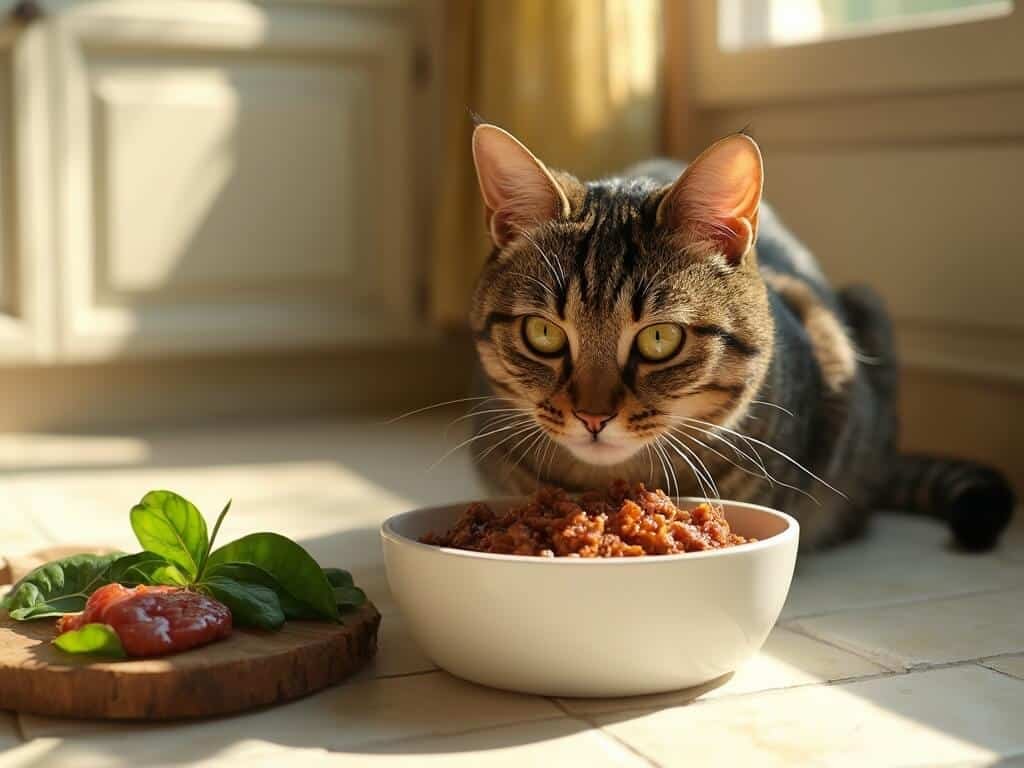 Senior tabby cat eating beef liver and spinach pâté from a white ceramic bowl in a sunlit kitchen.