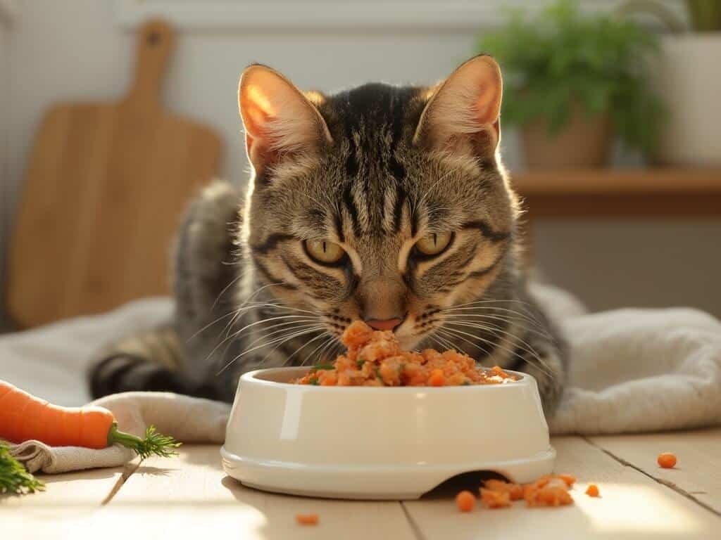 Senior tabby cat eating homemade duck and carrot pâté from a white ceramic bowl on a sunlit wooden kitchen floor