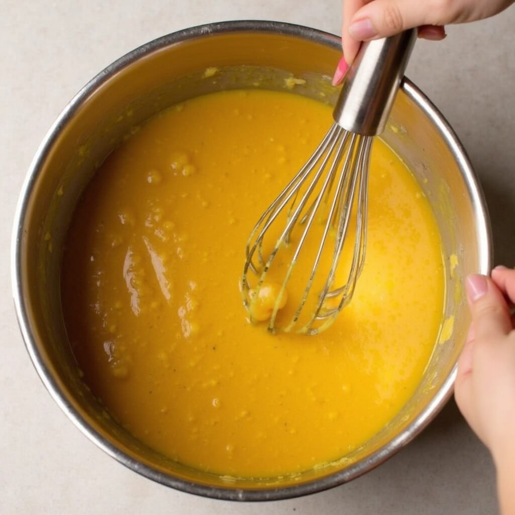 Whisking pumpkin puree into warm broth in a mixing bowl