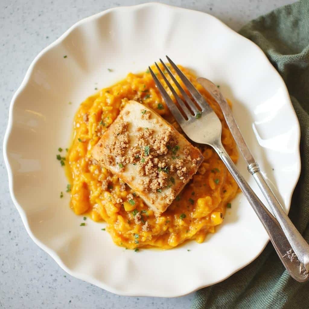 Flaked tuna being stirred with a fork into an orange pumpkin base in a bowl.