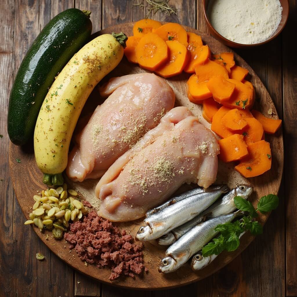 Overhead flat lay of raw chicken thighs, sardines, pumpkin, sweet potato, zucchini, liver, and eggshell powder on a wooden board in natural light