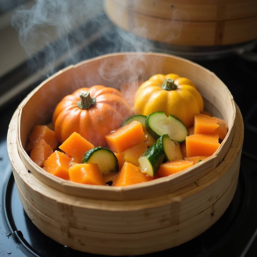 Close-up of steaming pumpkin, sweet potato, and zucchini cubes in a bamboo steamer basket with steam rising on a stovetop