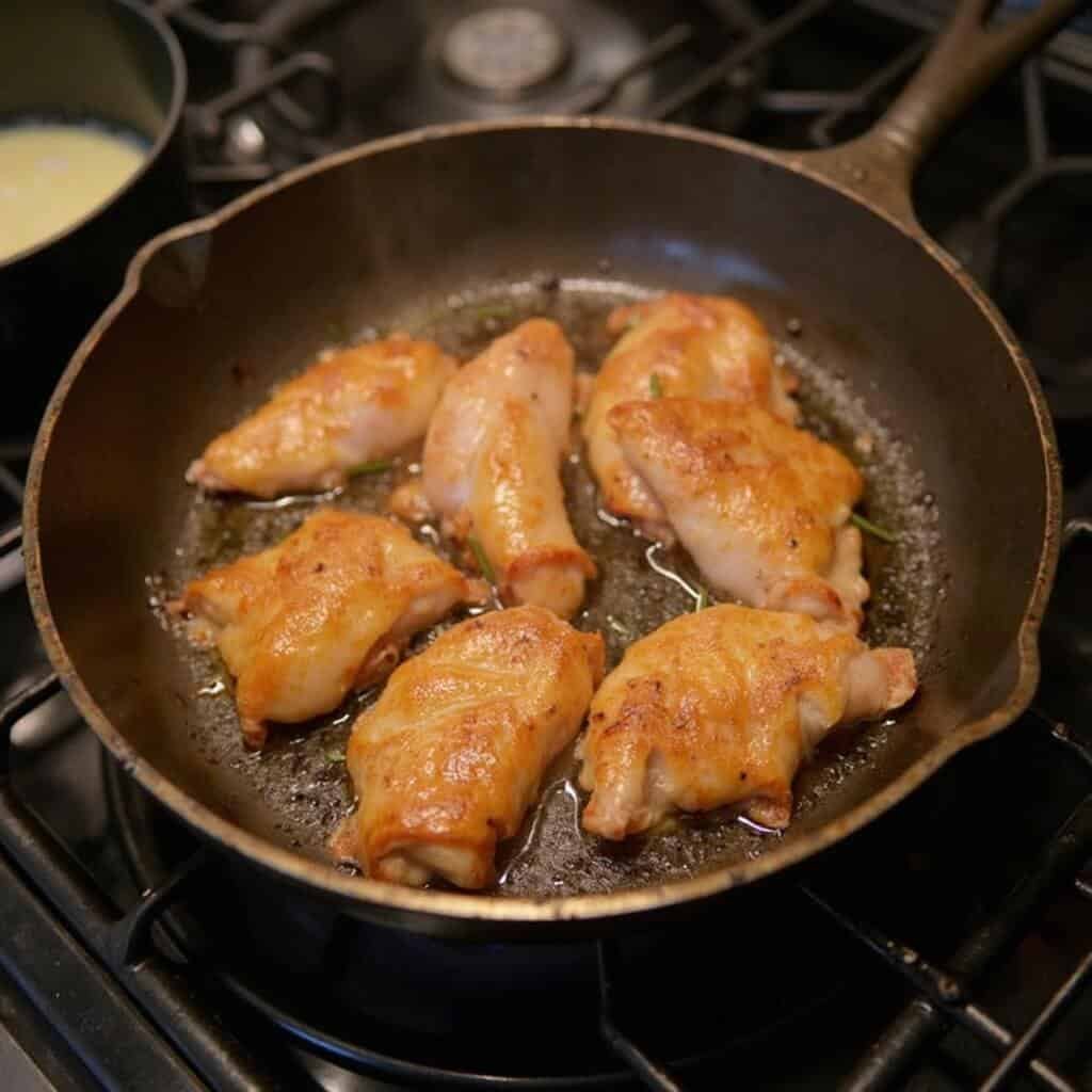 Chicken livers searing in a dry cast-iron pan with tongs, golden crust outside and pink centers under warm kitchen light.