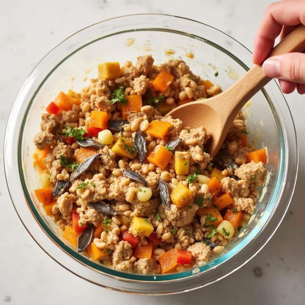 Large glass mixing bowl with mashed dog food, chicken, sardines, and orange vegetables being folded with a wooden spoon