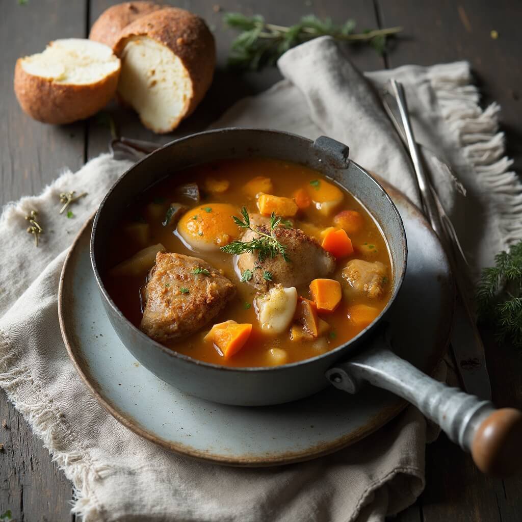 Overhead view of rustic Dutch oven turkey bone broth stew in grey winter light