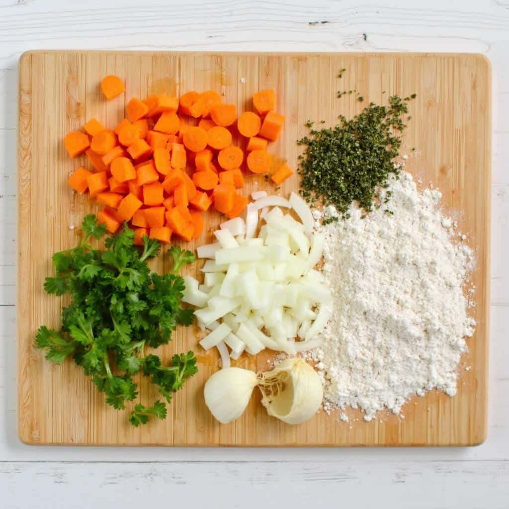 Mise en place with diced onion, carrots, celery, garlic, flour, and herbs arranged on a wooden board.