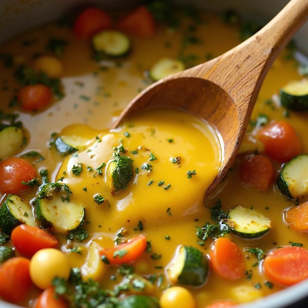 Close-up of golden roux coating sweated vegetables as a wooden spoon stirs in a pan