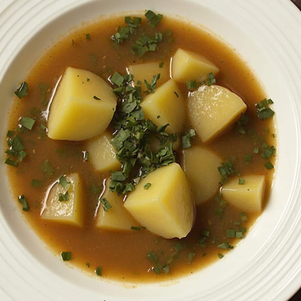 Gentle simmering stew with Yukon Gold potatoes and bay leaves, steam rising from the pot.
