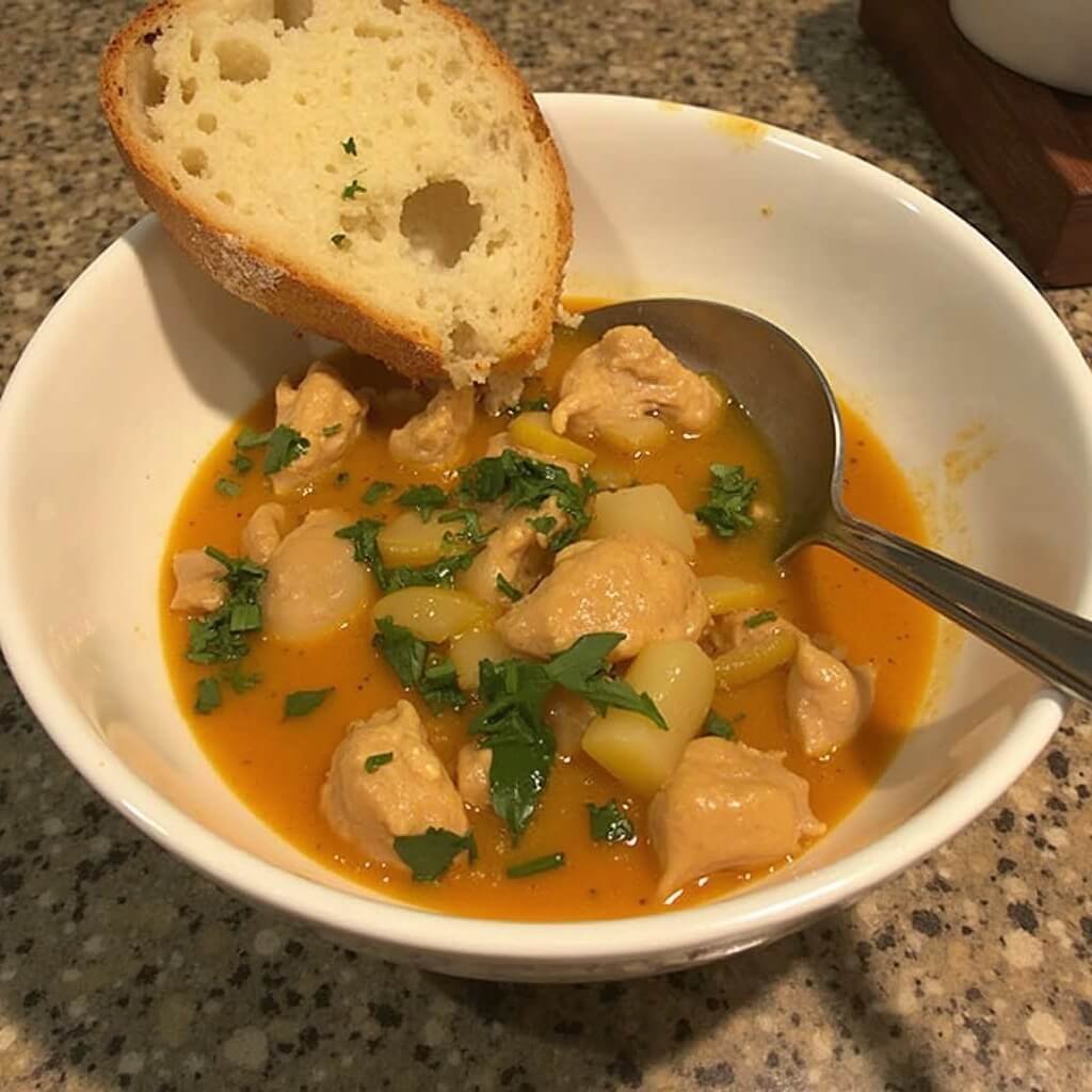 Turkey stew ladled into a warm bowl, garnished with parsley and lemon, served with crusty bread.