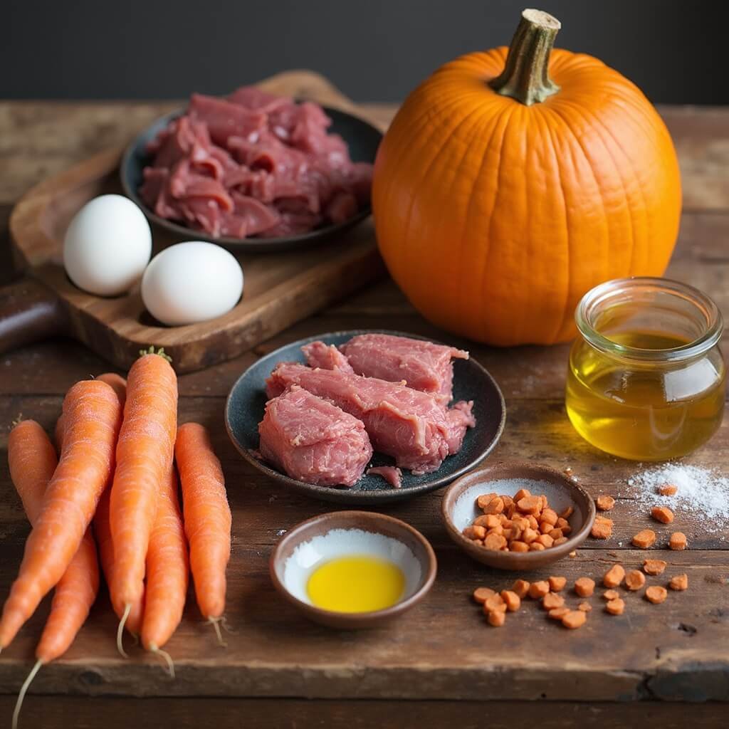 Rustic wooden table with ground venison, pumpkin, sweet potato, carrots, eggs, and fish oil arranged as ingredients for homemade dog food