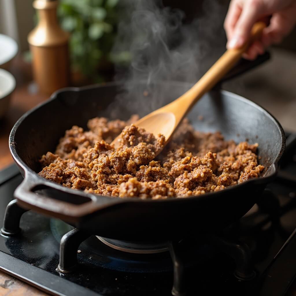 Large cast iron skillet of browned ground venison being stirred with a wooden spoon on the stovetop, steam rising