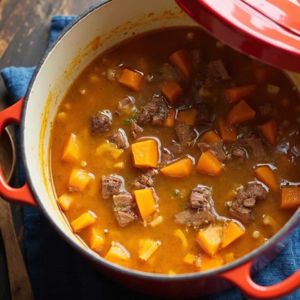 Simmering Dutch oven with diced sweet potato, shredded carrot, and venison in golden turmeric broth with lid tilted open