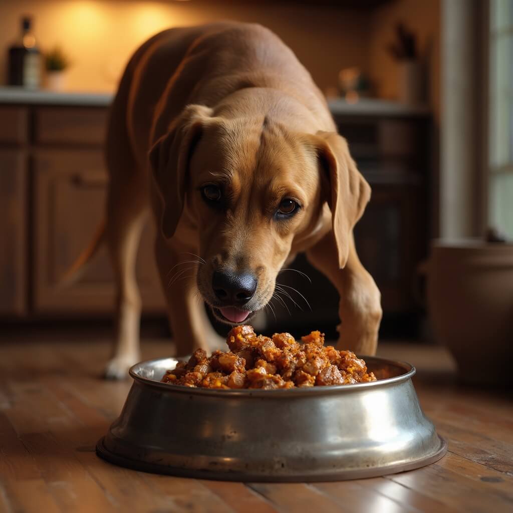 Happy Labrador mix eating a homemade venison and pumpkin meal from a stainless steel bowl on a warm-lit kitchen floor