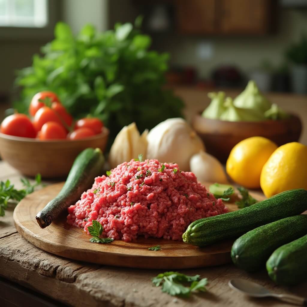 Fresh ground beef, zucchini, and supplement bottles arranged on a rustic wooden kitchen counter in natural morning light