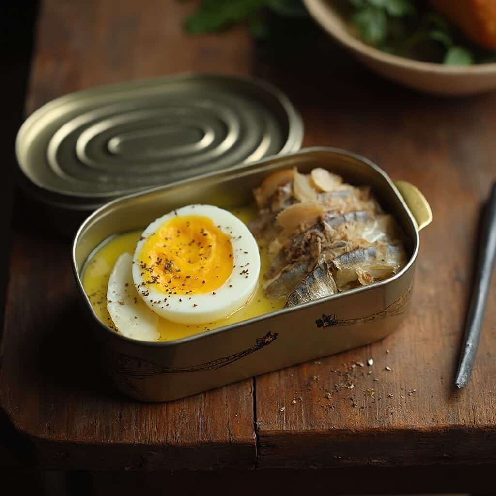 Overhead view of an open sardine can and a fresh egg on a rustic wooden kitchen counter in soft morning light