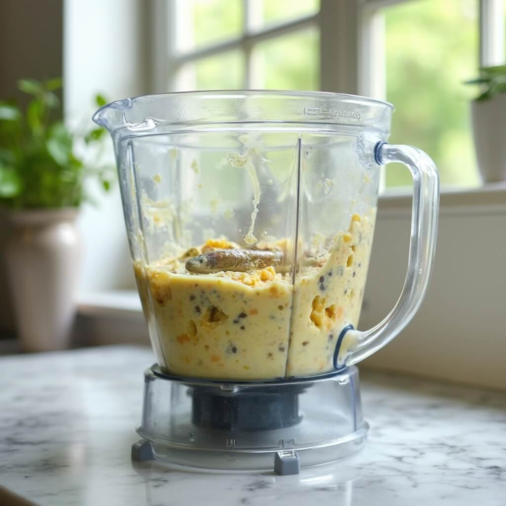 Close-up of a blender filled with a creamy sardine and egg mixture on a marble countertop in natural window light