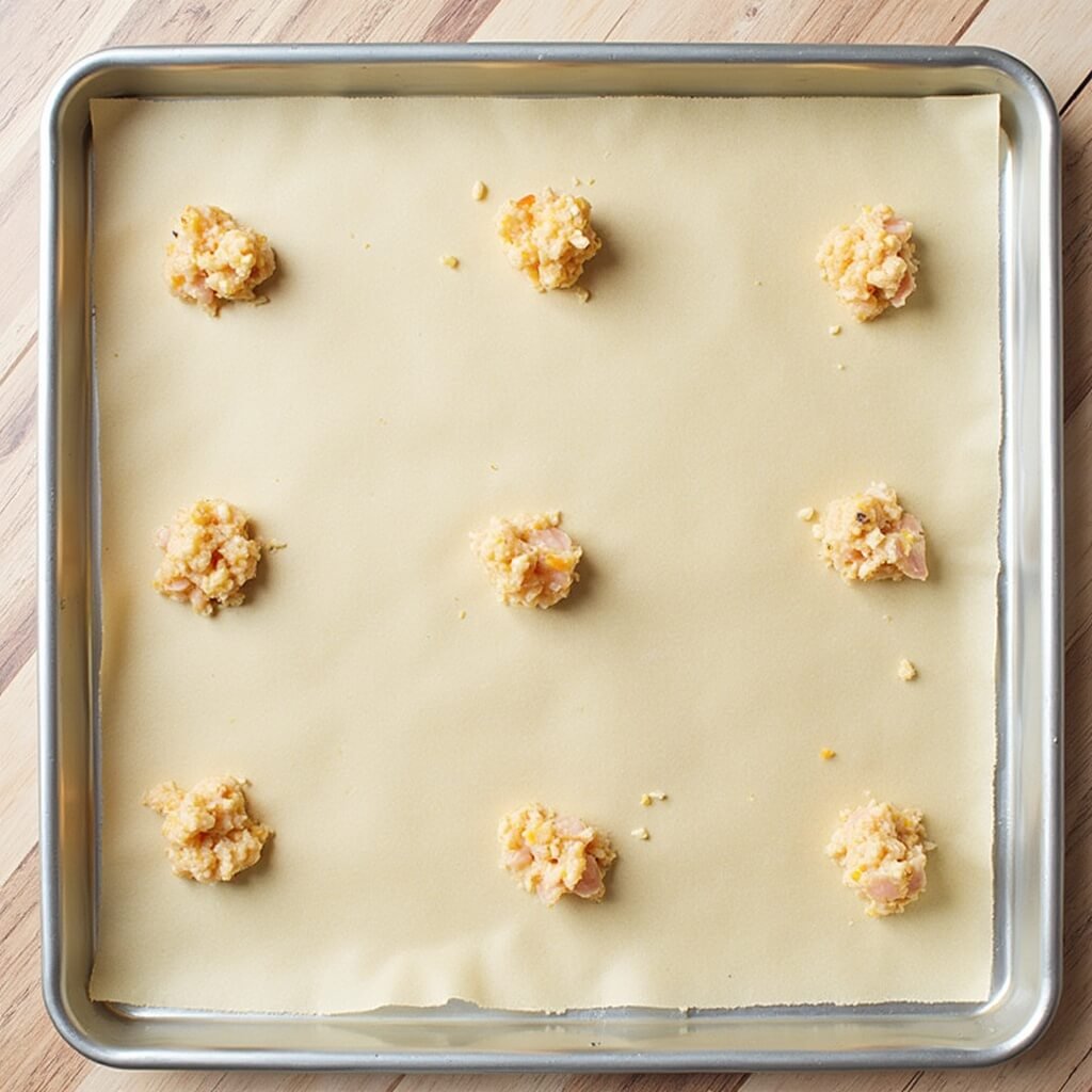 Small half-teaspoon dollops of fish mixture spaced on a parchment-lined baking sheet, ready for the oven, top-down view