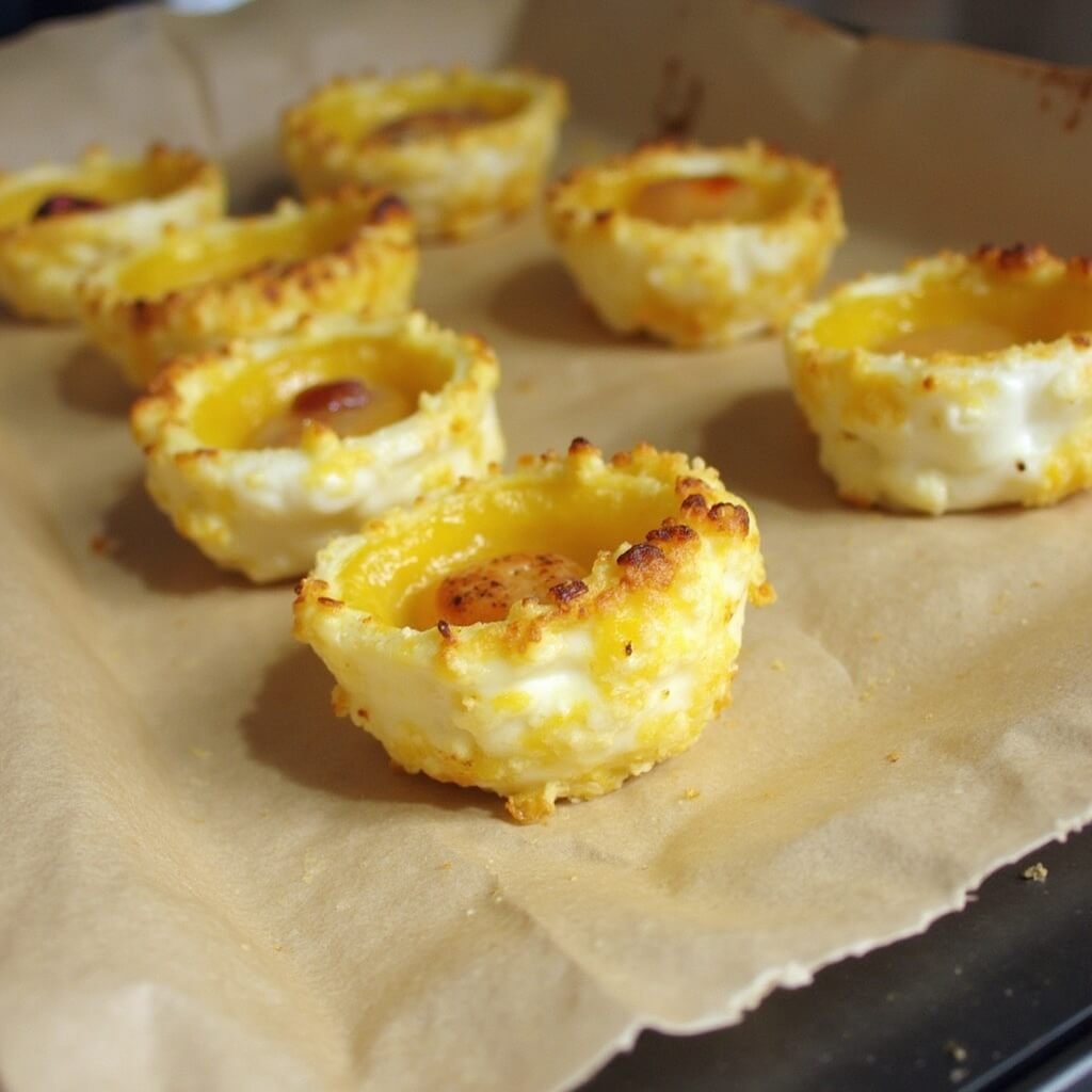 Golden baked sardine egg bites cooling on parchment paper, matte tops with small cracks in warm kitchen light