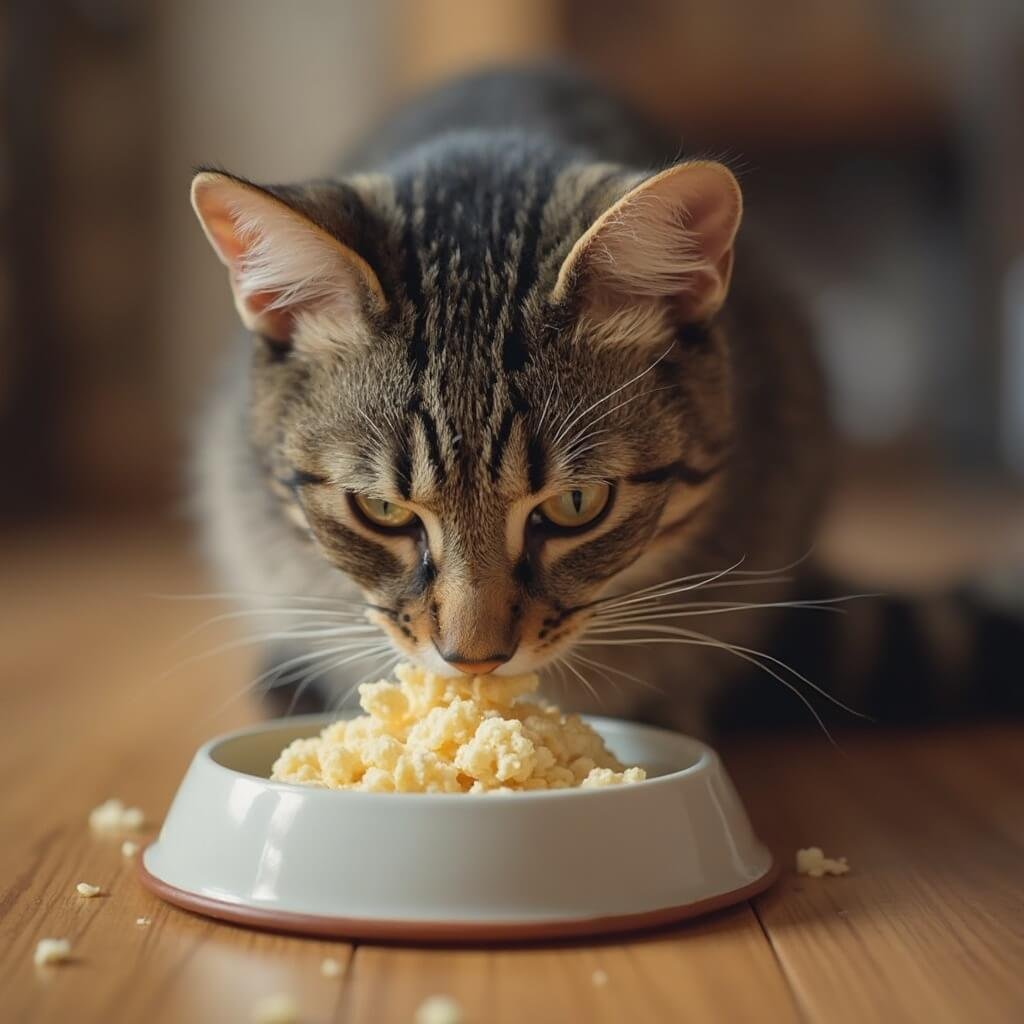 Senior tabby cat eating crumbled sardine egg topper from a ceramic bowl on a wooden floor in a cozy home setting.
