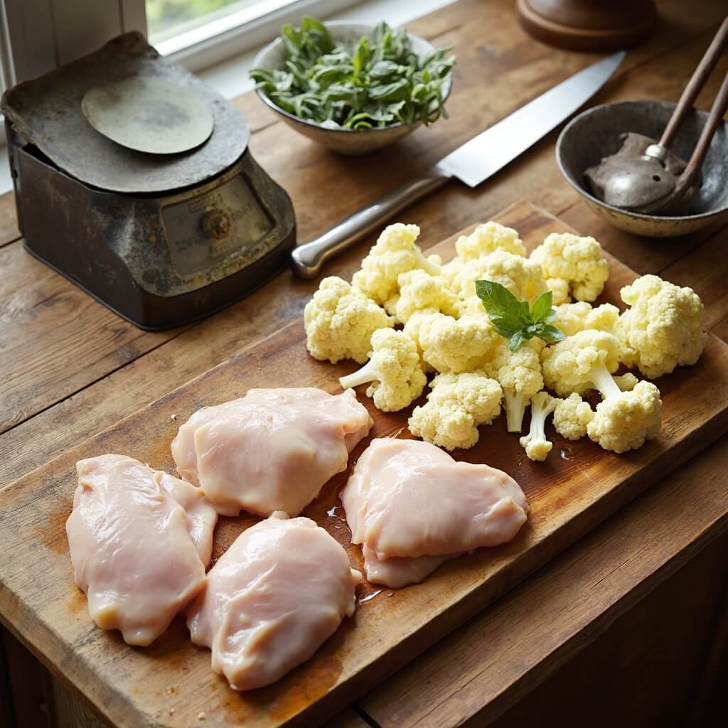 Raw chicken thighs and cauliflower florets on a wooden cutting board with a kitchen scale and chef’s knife, overhead in natural window light