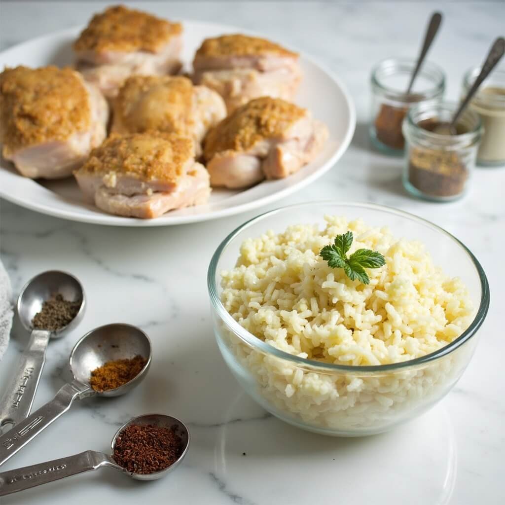Glass bowl of riced cauliflower beside cubed chicken thighs on a marble countertop with measuring spoons and supplement jars in soft morning light