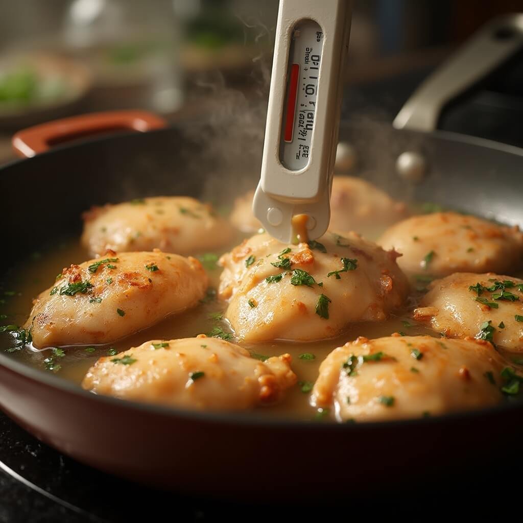 Close-up of chicken pieces gently poaching in broth in a heavy skillet with an instant-read thermometer inserted and steam rising under warm kitchen light