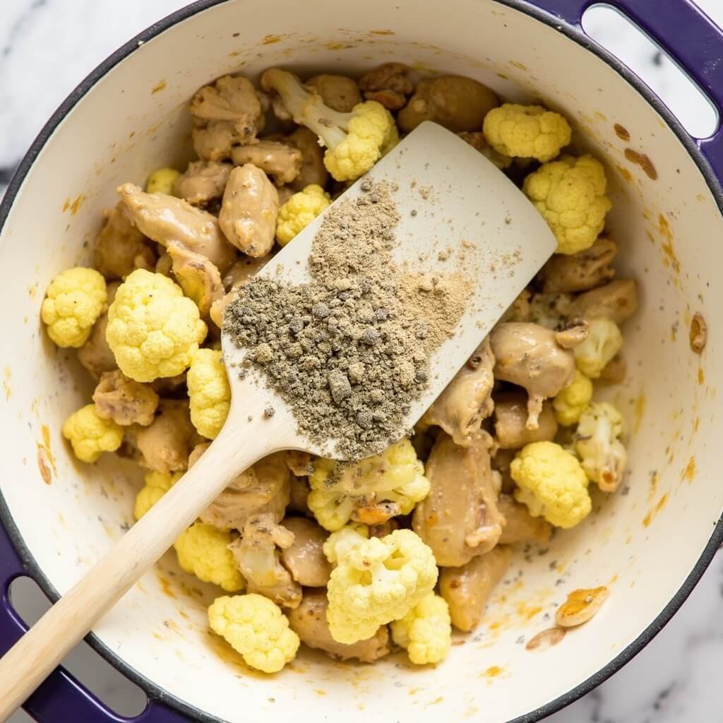 Overhead view of cooled chicken and cauliflower mixture being stirred in a ceramic bowl with supplement powders sprinkled on top.