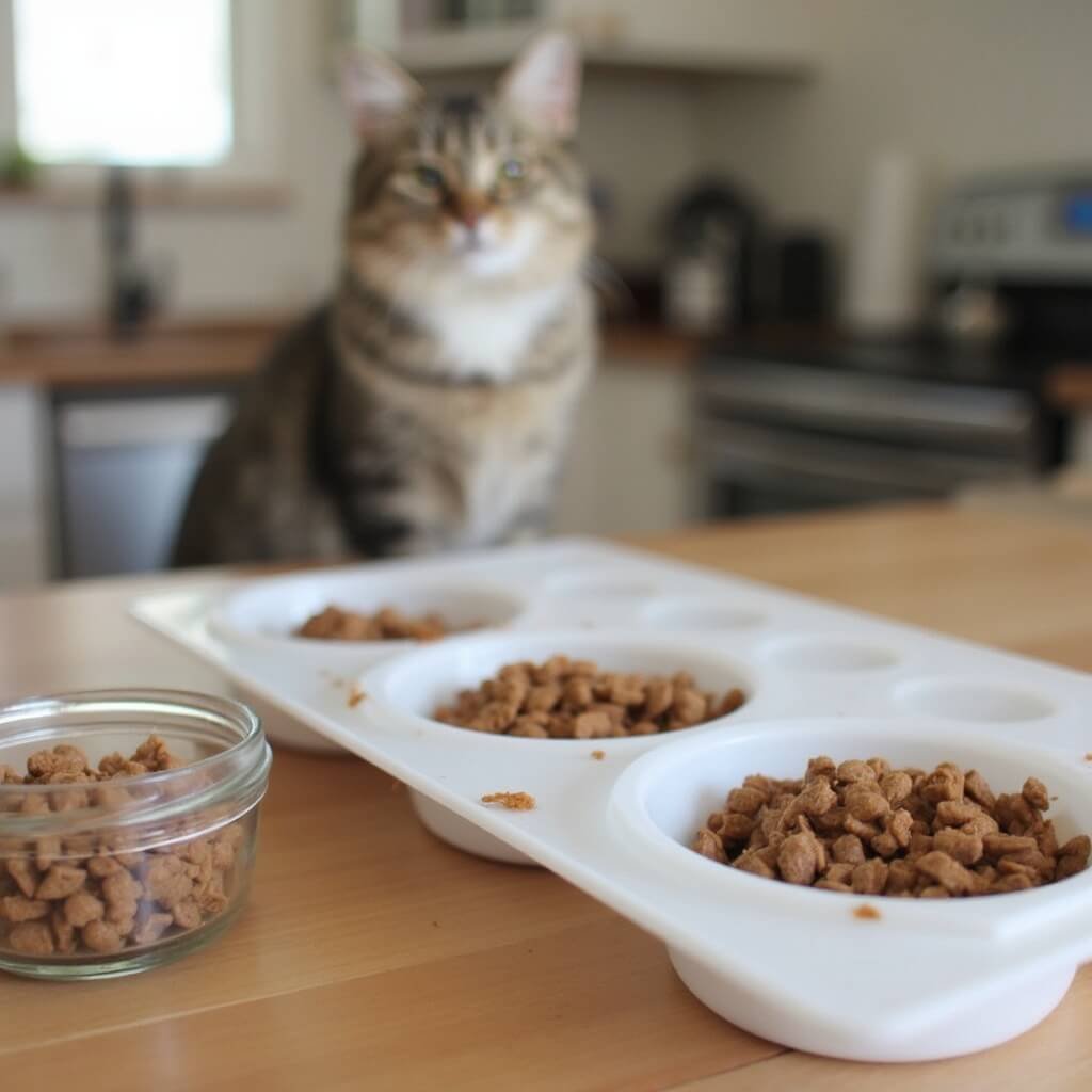 Portioned homemade cat food in silicone freezer molds and small glass containers on a kitchen counter, with a tabby cat watching in the background.