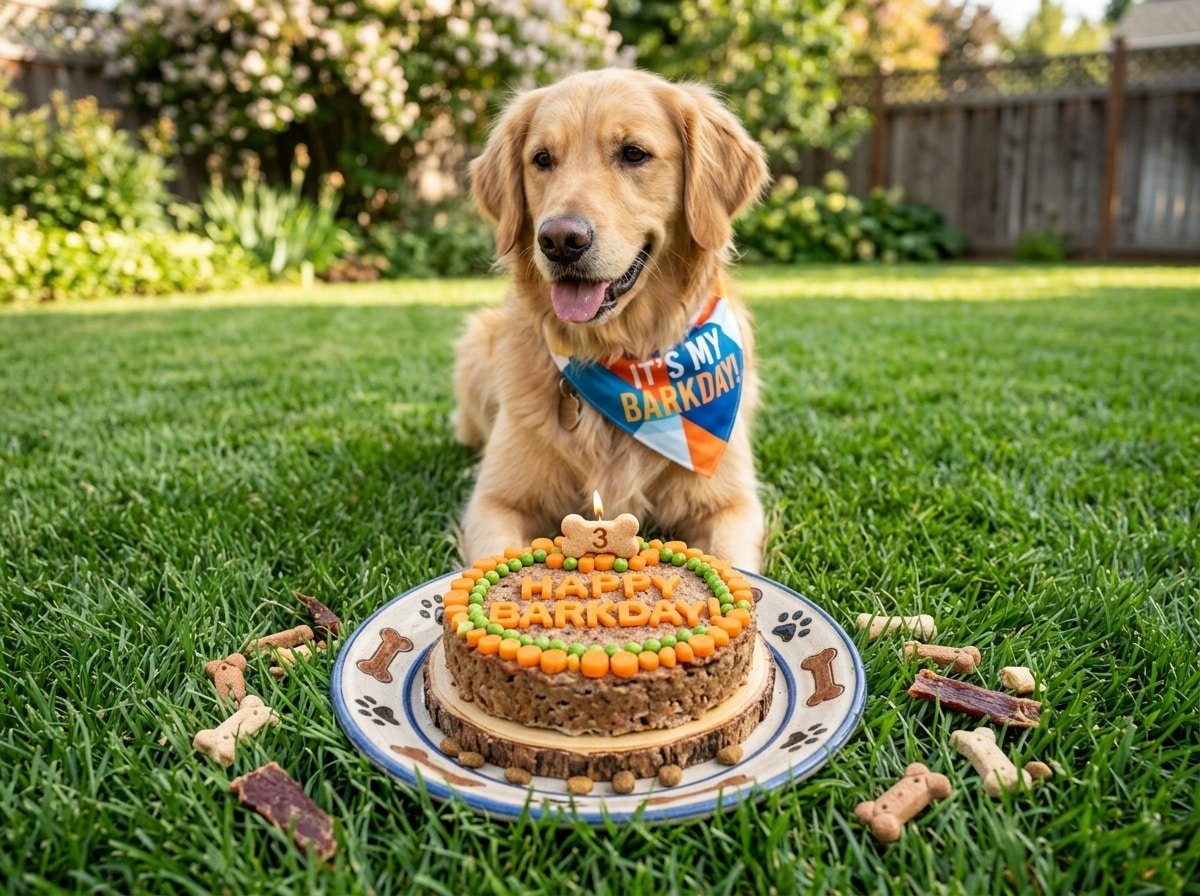 A delicious meat cake for dogs featuring ground meat, carrots, and peas, served outdoors on a plate.