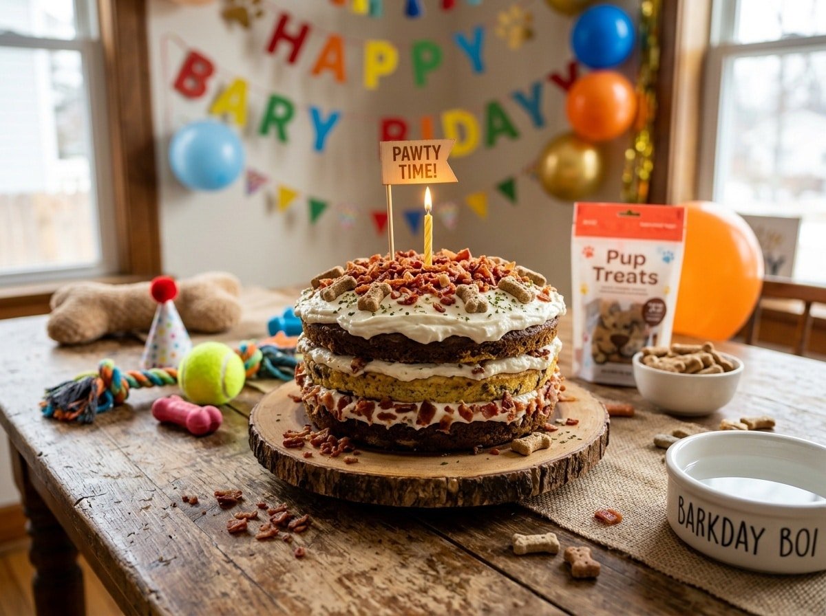 A dog-friendly cake made with bacon and eggs, topped with yogurt and bacon crumbles, set on a wooden table.