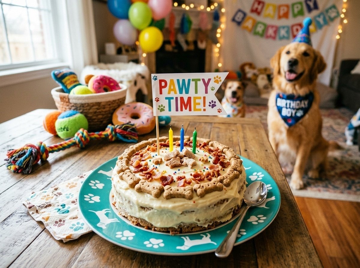 A savory turkey bacon cake for dogs with yogurt frosting and bacon bits, presented on a colorful plate, highlighting a festive pet celebration.