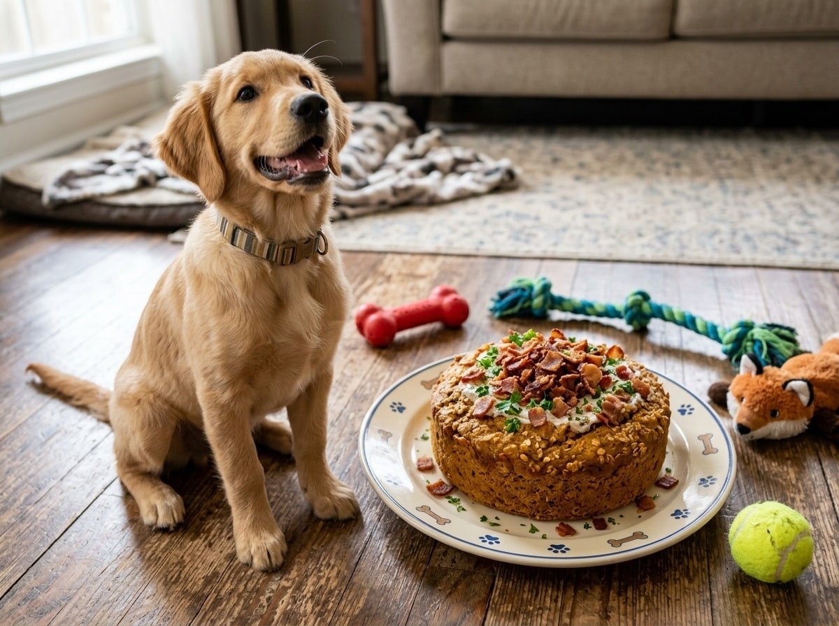 A savory Duck Bacon Cake for dogs, decorated with bacon bits and parsley, with an eager dog waiting to enjoy a slice.