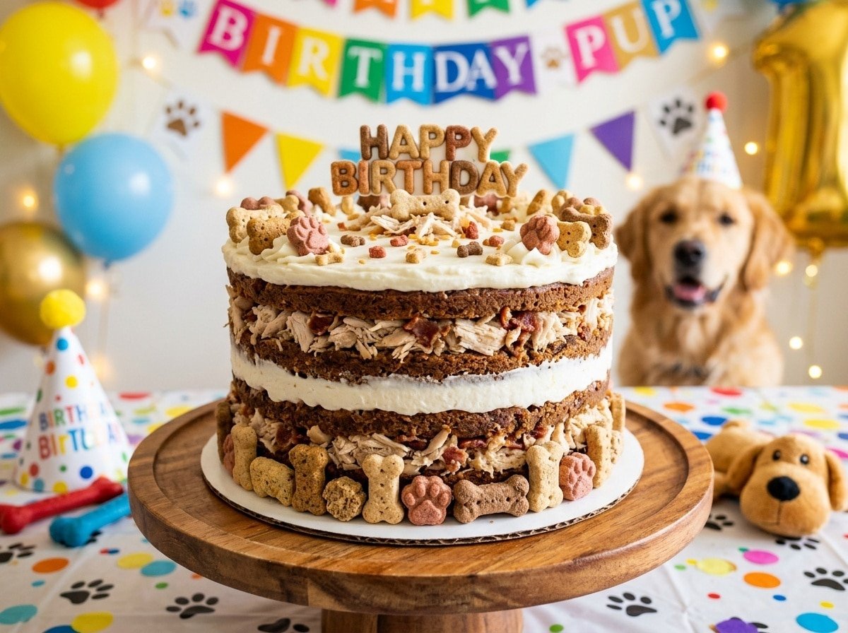 A colorful Chicken Bacon Layer Cake for dogs with yogurt frosting, bacon decoration, and surrounded by dog treats.