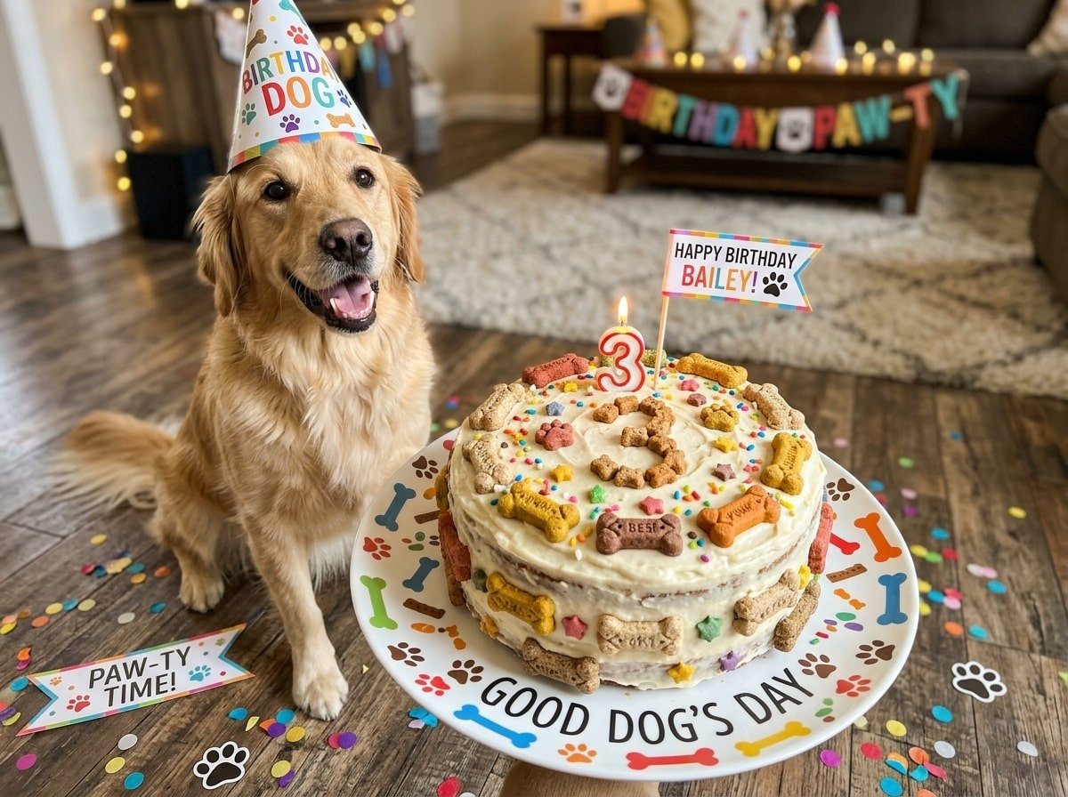 A cheerful Beef Bacon Birthday Cake for Dogs, topped with yogurt frosting and dog treats, with a joyful dog in the background.