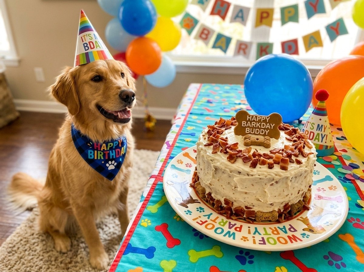 A round bacon and pumpkin dog cake topped with yogurt frosting and bacon bits, with a dog looking excitedly at it.
