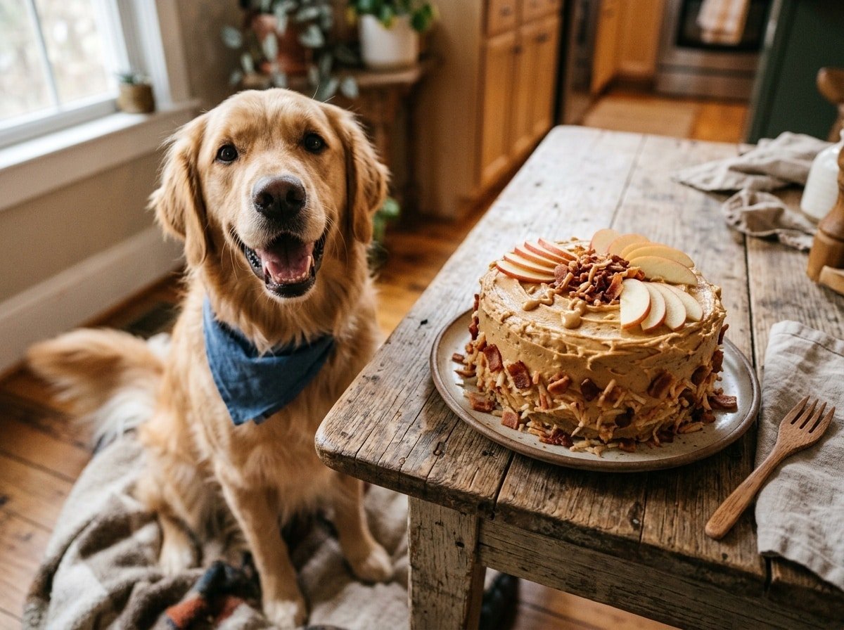 A round Bacon Apple Cake for dogs, topped with peanut butter and garnished with apple slices and bacon bits, presented on a wooden table.